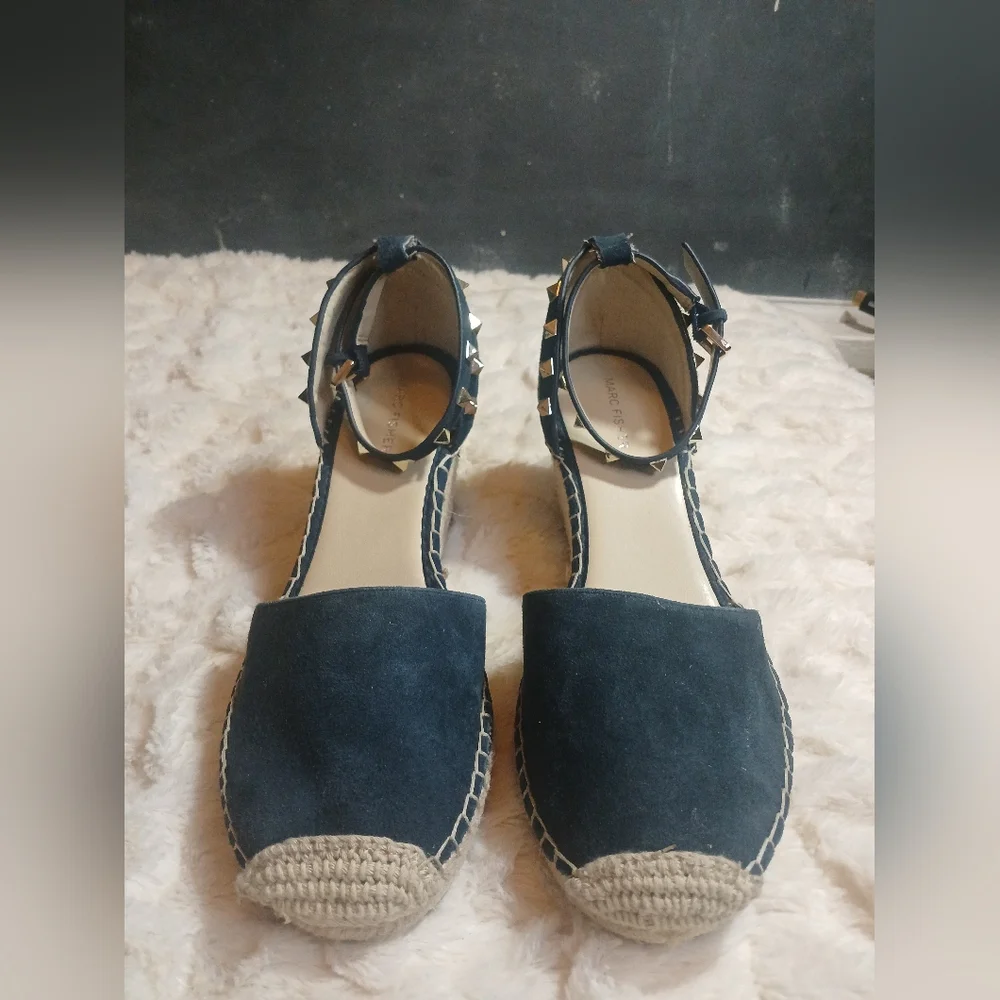 Marc Fisher Sakti Womens 11M Sandal Blue Leather Rockstuds Espadrille Wedge